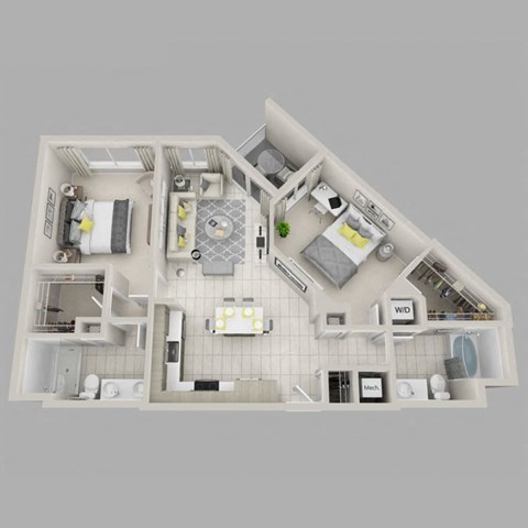 Floor plan for 2 beds, 2 baths, 1065 sqft